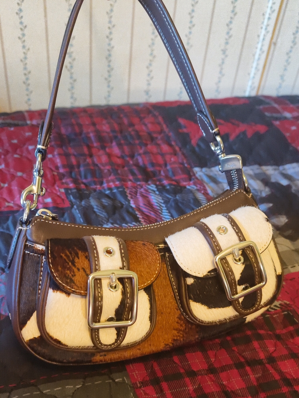 Coach Brown and White Cowhide Buckle Shoulder Bag